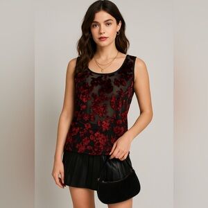 Vintage Gilligan O'Malley Red‎ Floral Sheer Tank Velvet Mesh Top Whimsigoth Y2K